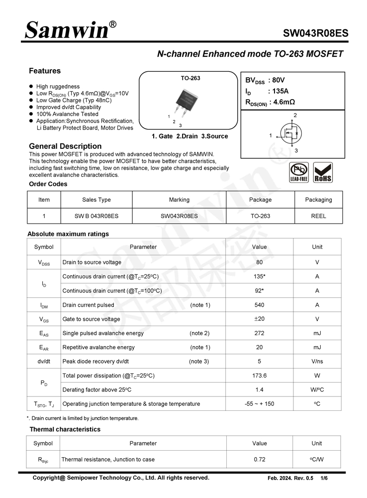 Samwin SW043R08ES N-channel Enhanced mode TO-263 MOSFET