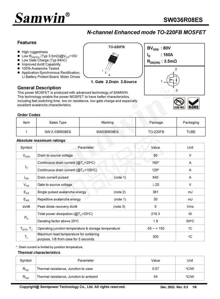 Samwin SW036R08ES N-channel Enhanced mode TO-220FB MOSFET