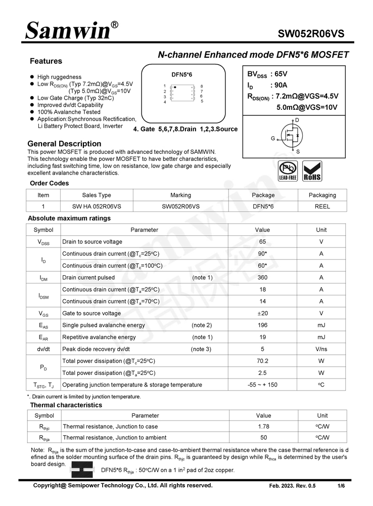 Samwin SW052R06VS N-channel Enhanced mode DFN5*6 MOSFET