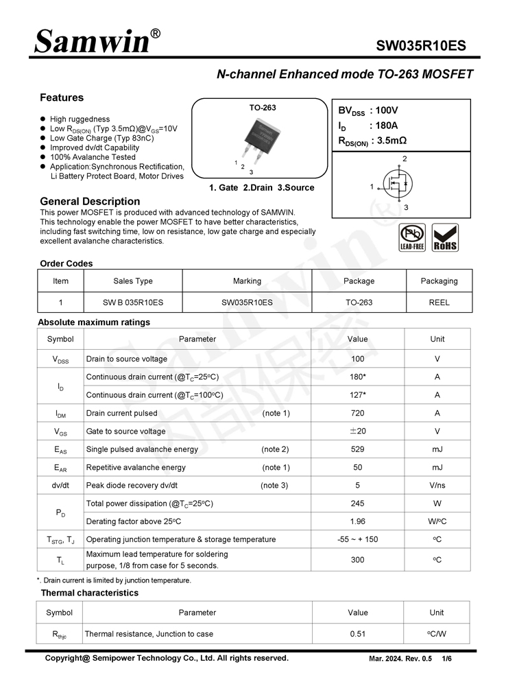 Samwin SW035R10ES N-channel Enhanced mode TO-263 MOSFET