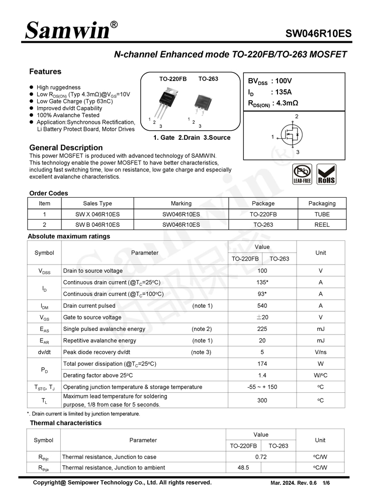 Samwin SW046R10ES N-channel Enhanced mode TO-220FB/TO-263 MOSFET