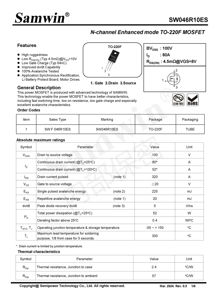 Samwin SW046R10ES N-channel Enhanced mode TO-220F MOSFET