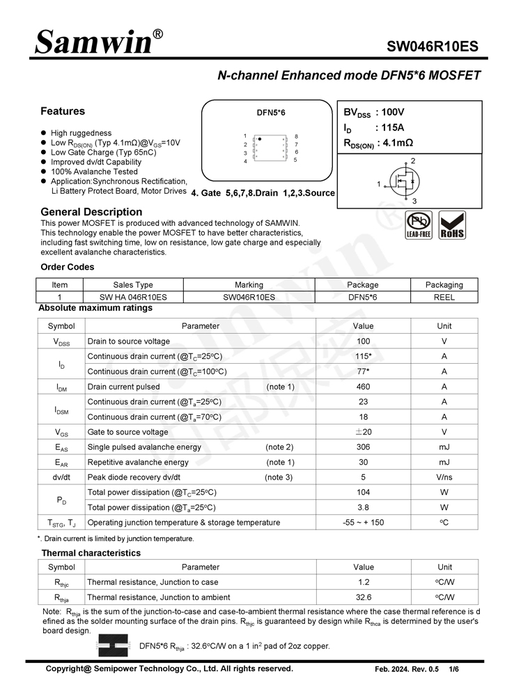 Samwin SW046R10ES N-channel Enhanced mode DFN5*6 MOSFET