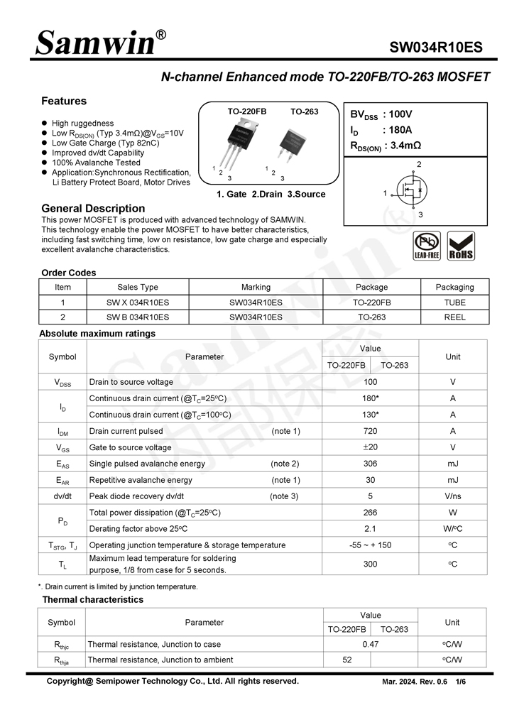 Samwin SW034R10ES N-channel Enhanced mode TO-220FB/TO-263 MOSFET