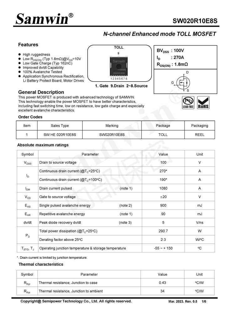 Samwin SW020R10E8S N-channel Enhanced mode TOLL MOSFET