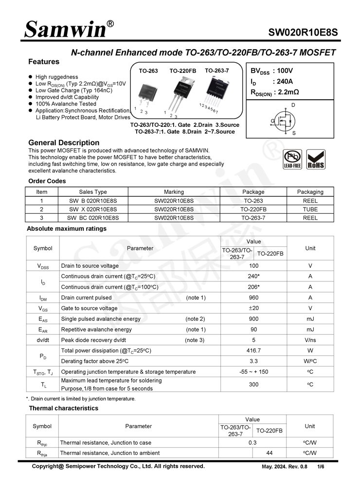 Samwin SW020R10E8S N-channel Enhanced mode TO-263/TO-220FB/TO-263-7 MOSFET