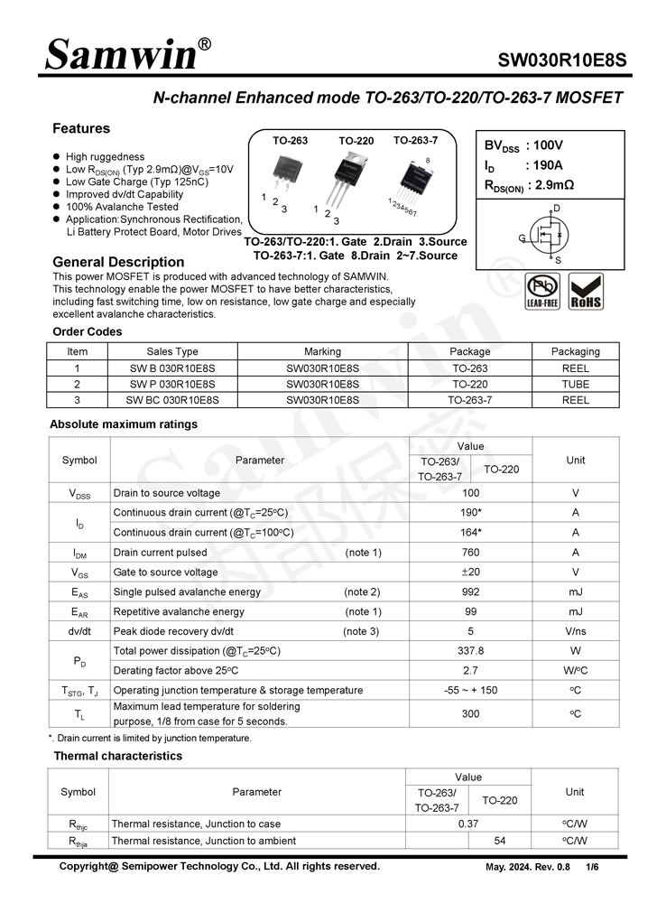 Samwin SW030R10E8S N-channel Enhanced mode TO-263/TO-220/TO-263-7 MOSFET