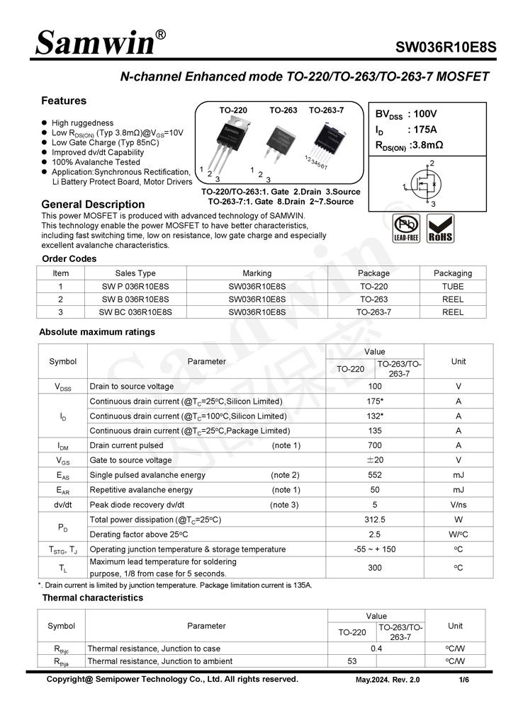 Samwin SW036R10E8S N-channel Enhanced mode TO-220/TO-263/TO-263-7 MOSFET