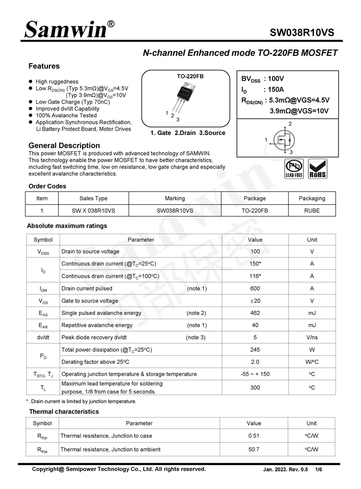 Samwin SW038R10VS N-channel Enhanced mode TO-220FB MOSFET