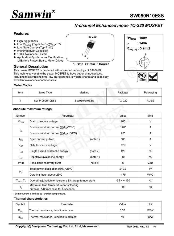 Samwin SW050R10E8S N-channel Enhanced mode TO-220 MOSFET