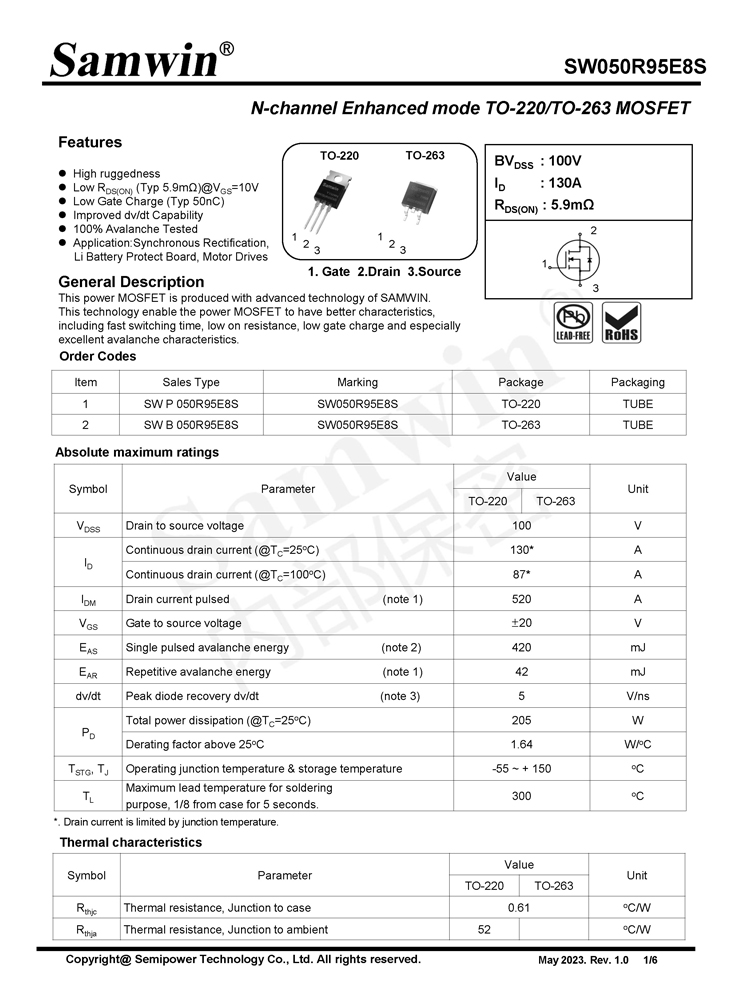 Samwin SW050R95E8S N-channel Enhanced mode TO-220/TO-263 MOSFET