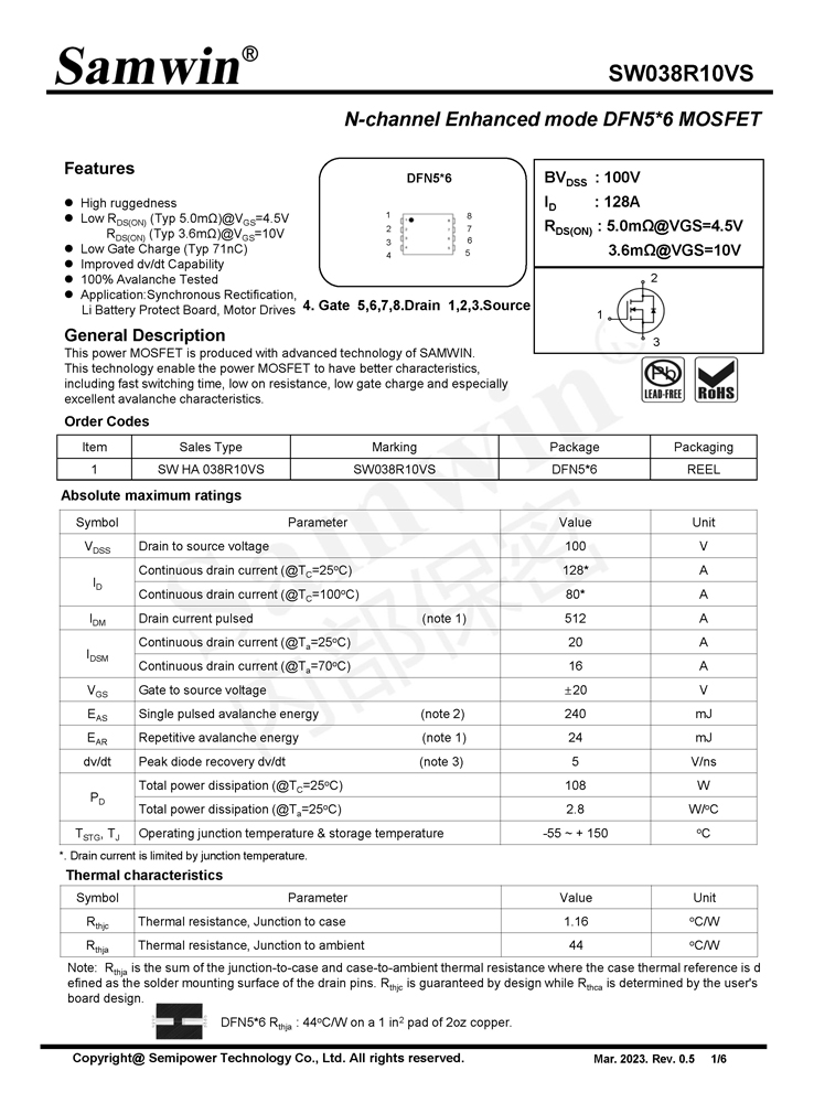 Samwin SW038R10VS N-channel Enhanced mode DFN5*6 MOSFET