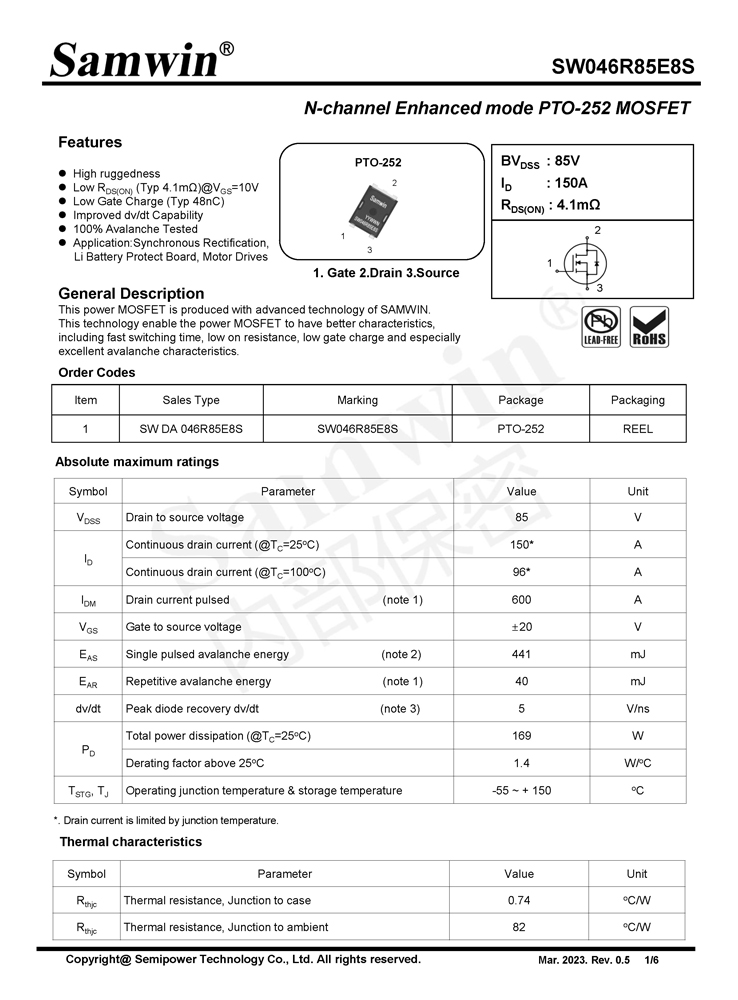 Samwin SW046R85E8S N-channel Enhanced mode PTO-252 MOSFET