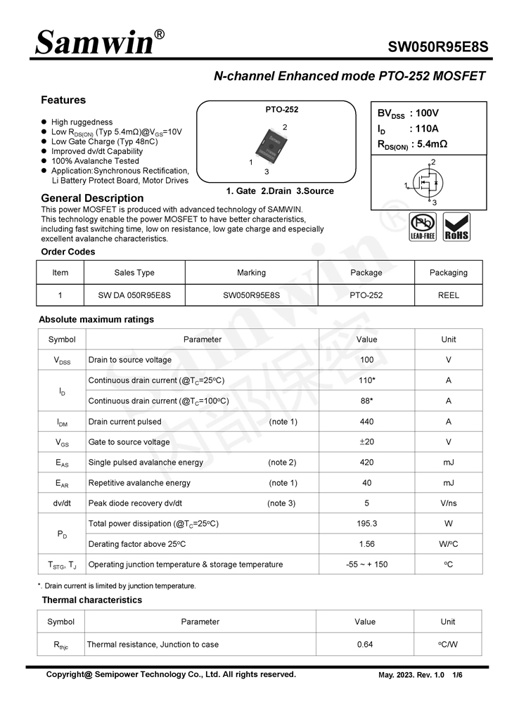 Samwin SW050R95E8S N-channel Enhanced mode PTO-252 MOSFET