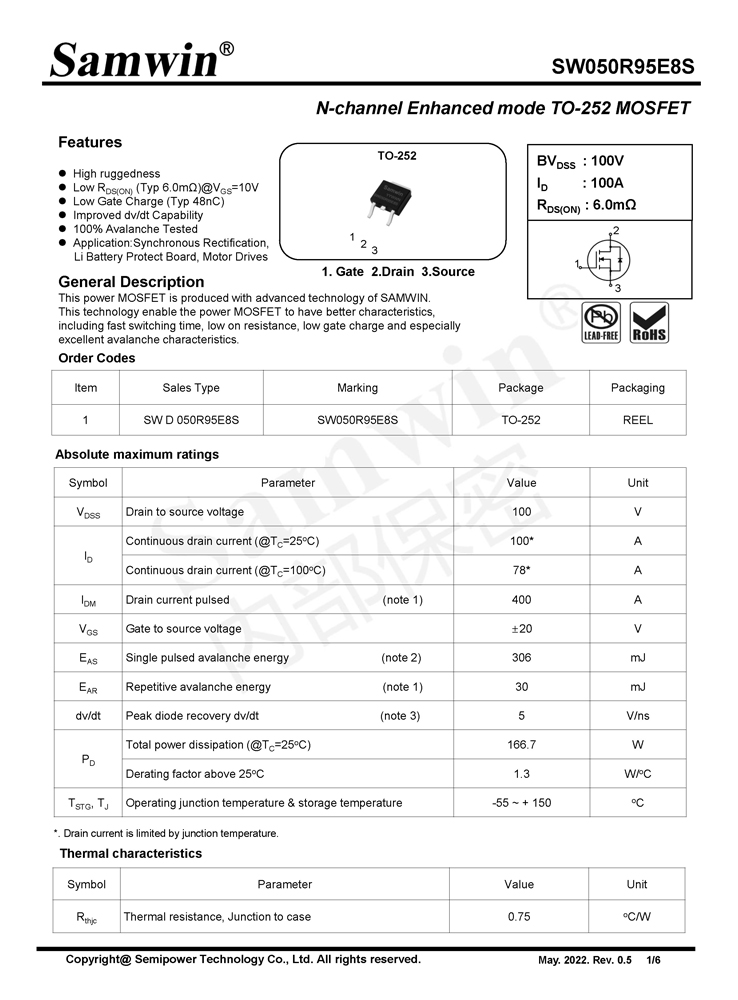 Samwin SW050R95E8S N-channel Enhanced mode TO-252 MOSFET