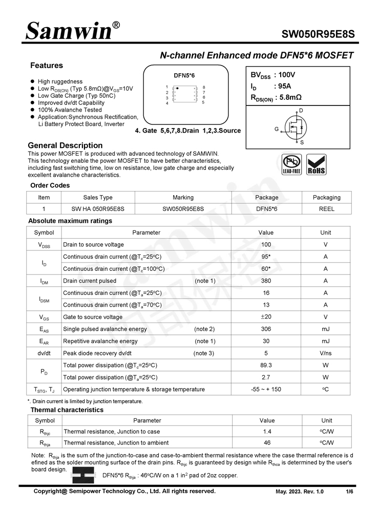 Samwin SW050R95E8S N-channel Enhanced mode DFN5*6 MOSFET