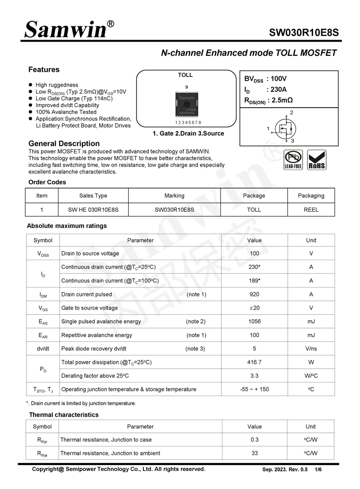 Samwin SW030R10E8S N-channel Enhanced mode TOLL MOSFET