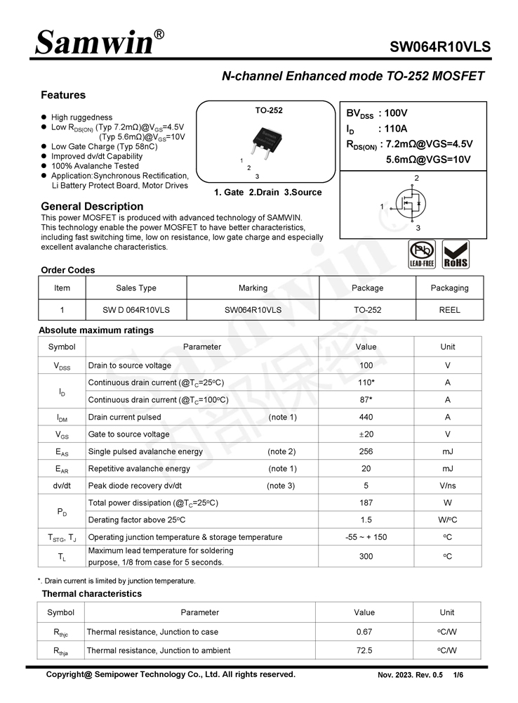 Samwin SW064R10VLS N-channel Enhanced mode TO-252 MOSFET