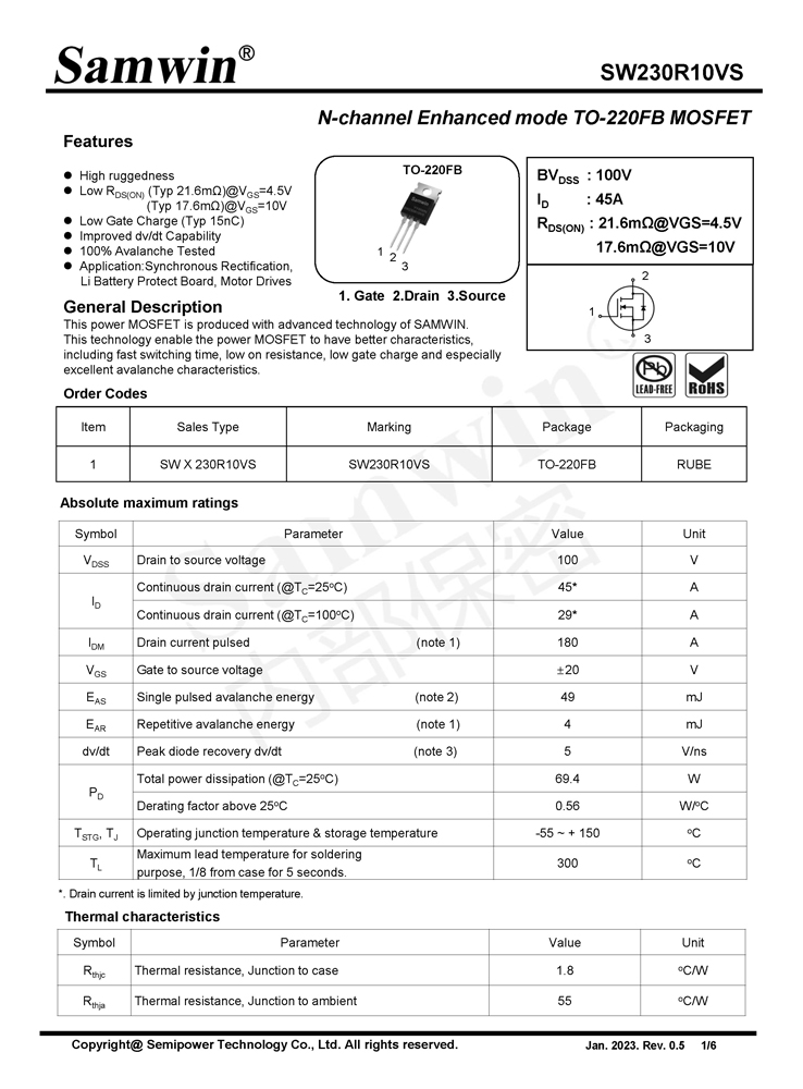 Samwin SW230R10VS N-channel Enhanced mode TO-220FB MOSFET