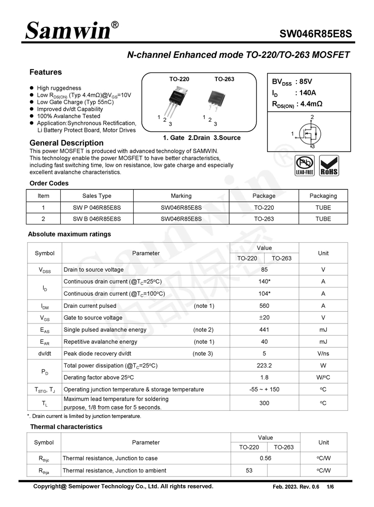 Samwin SW046R85E8S N-channel Enhanced mode TO-220/TO-263 MOSFET