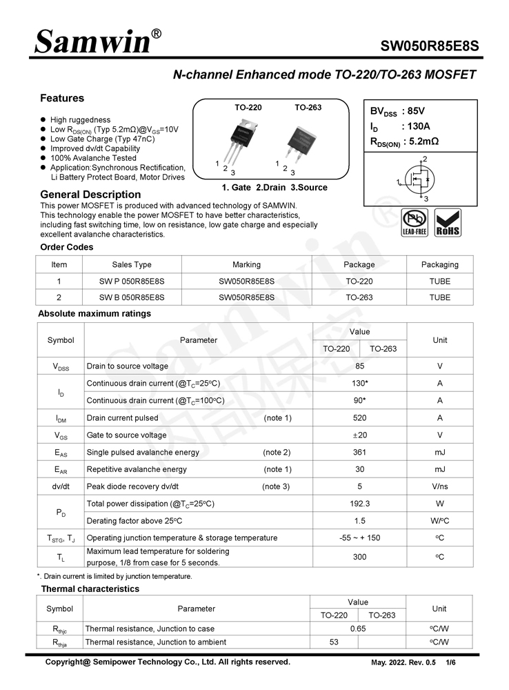 Samwin SW050R85E8S N-channel Enhanced mode TO-220/TO-263 MOSFET