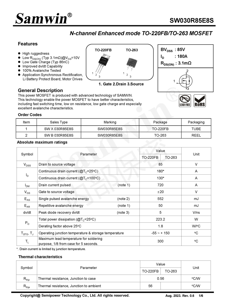 Samwin SW030R85E8S N-channel Enhanced mode TO-220FB/TO-263 MOSFET