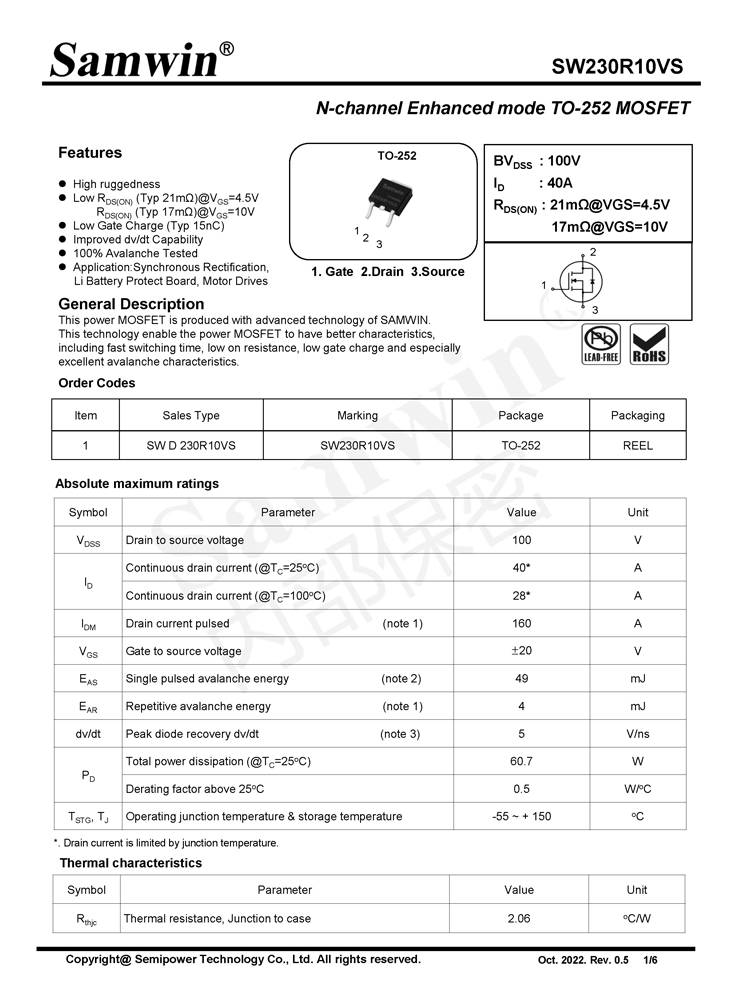 Samwin SW230R10VS N-channel Enhanced mode TO-252 MOSFET