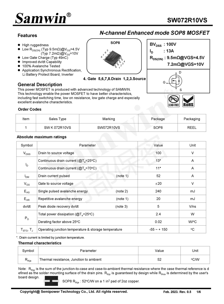 Samwin SW072R10VS N-channel Enhanced mode SOP8 MOSFET