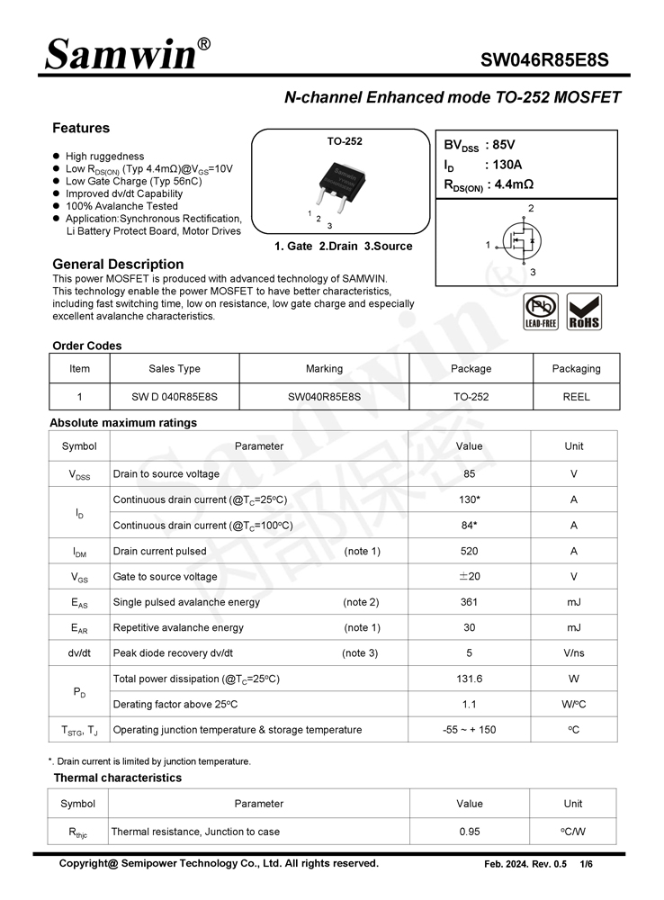 Samwin SW046R85E8S N-channel Enhanced mode TO-252 MOSFET