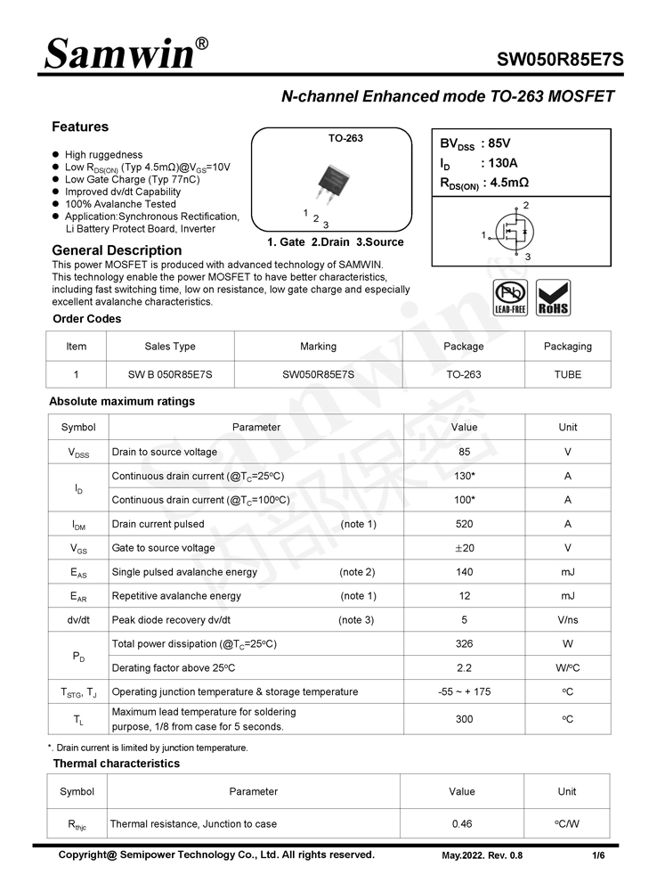 Samwin SW050R85E7S N-channel Enhanced mode TO-263 MOSFET