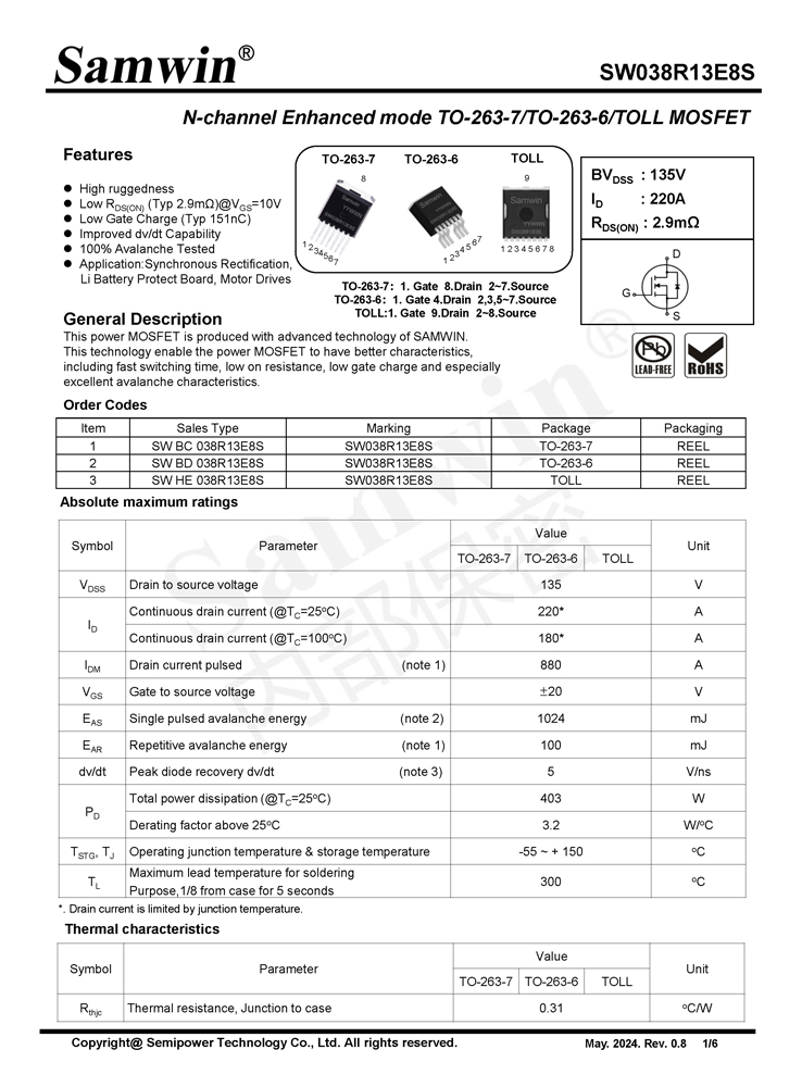 Samwin SW038R13E8S N-channel Enhanced mode TO-263-7/TO-263-6/TOLL MOSFET