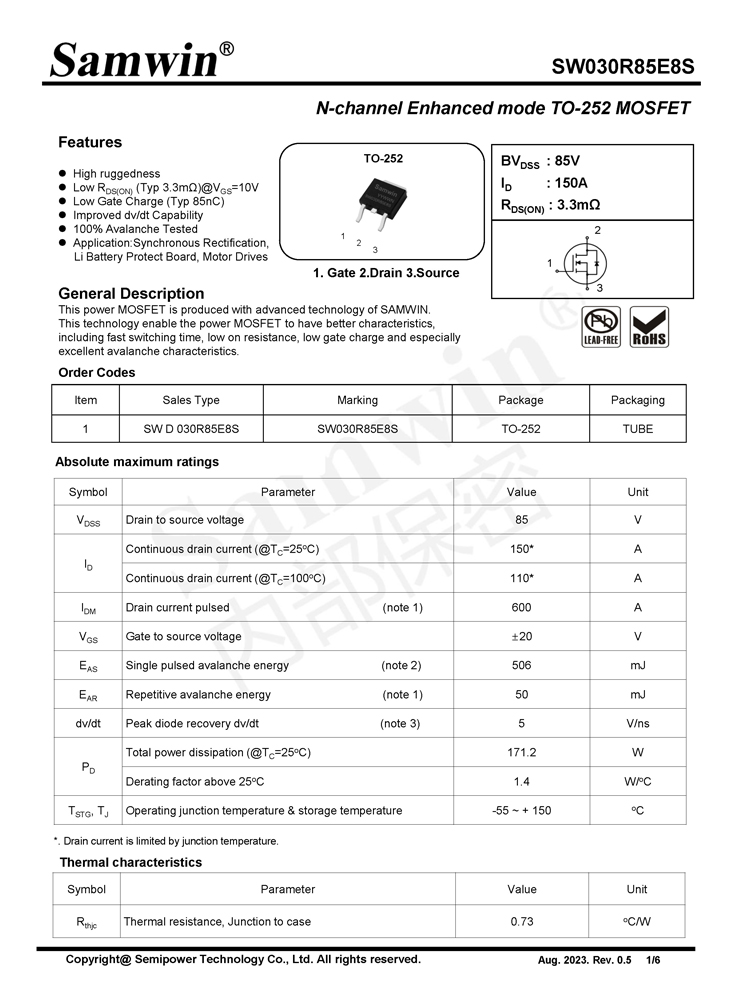 Samwin SW030R85E8S N-channel Enhanced mode TO-252 MOSFET