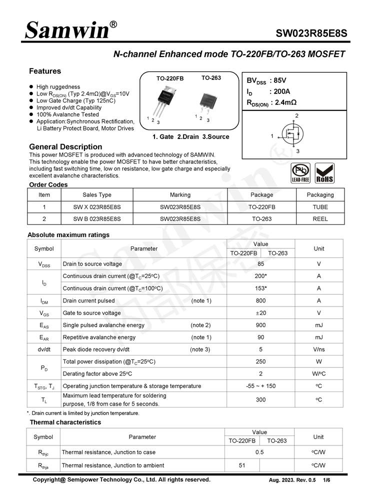 Samwin SW023R85E8S N-channel Enhanced mode TO-220FB/TO-263 MOSFET