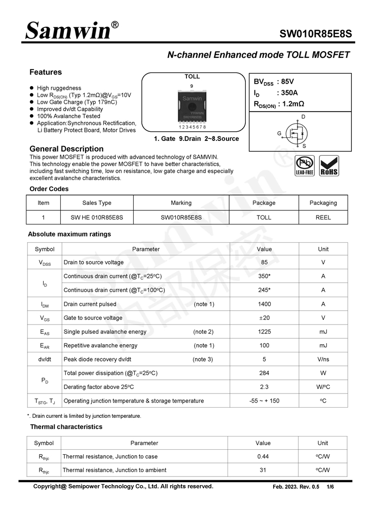 Samwin SW010R85E8S N-channel Enhanced mode TOLL MOSFET