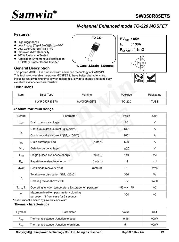 Samwin SW050R85E7S N-channel Enhanced mode TO-220 MOSFET