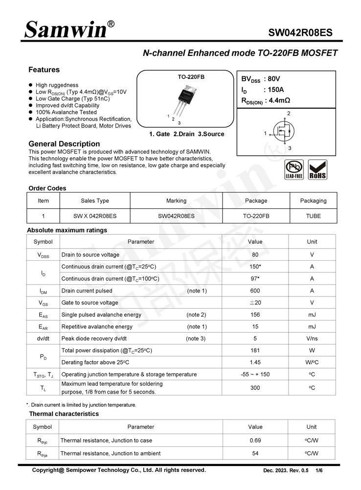 Samwin SW042R08ES N-channel Enhanced mode TO-220FB MOSFET