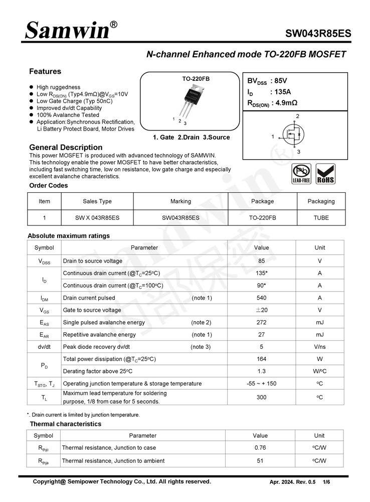 Samwin SW043R85ES N-channel Enhanced mode TO-220FB MOSFET