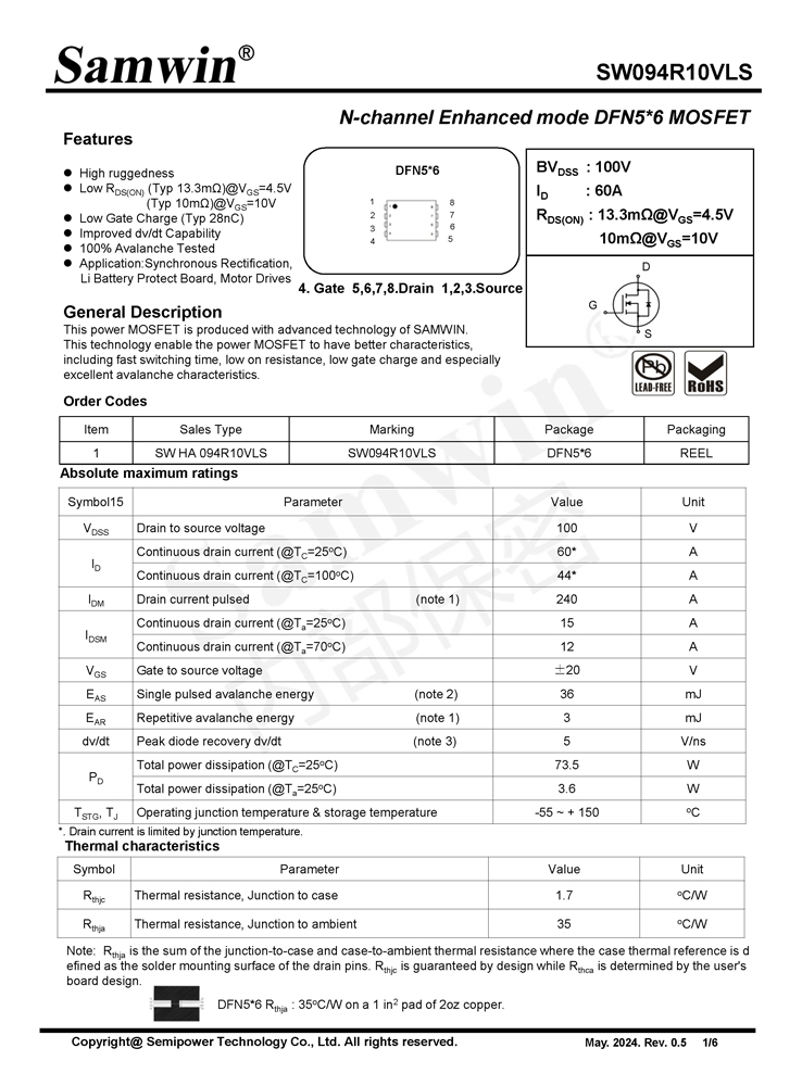 Samwin SW094R10VLS N-channel Enhanced mode DFN5*6 MOSFET