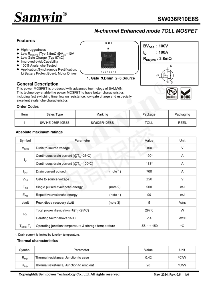 Samwin SW036R10E8S N-channel Enhanced mode TOLL MOSFET