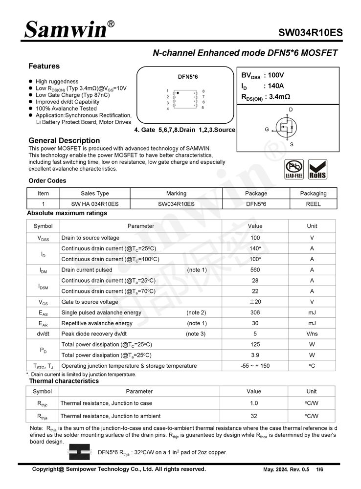 Samwin SW034R10ES N-channel Enhanced mode DFN5*6 MOSFET