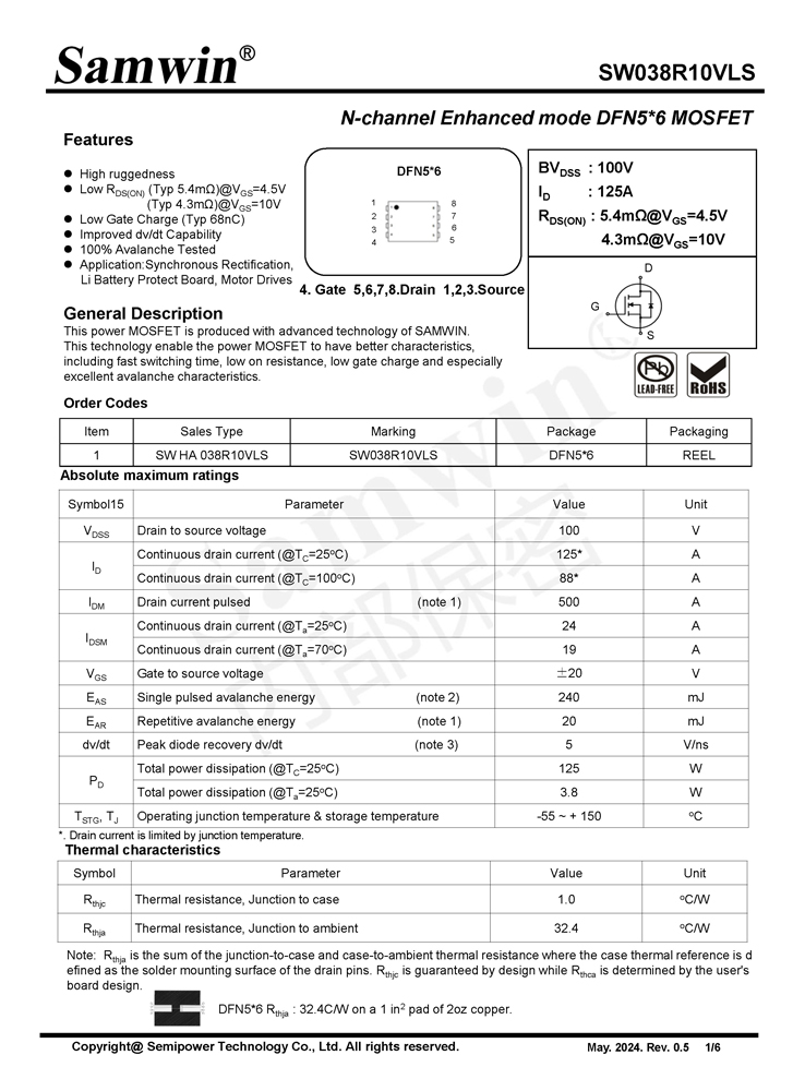 Samwin SW038R10VLS N-channel Enhanced mode DFN5*6 MOSFET