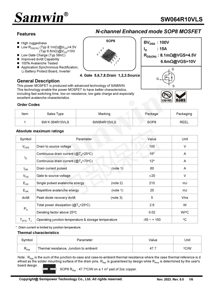 Samwin SW064R10VLS N-channel Enhanced mode SOP8 MOSFET