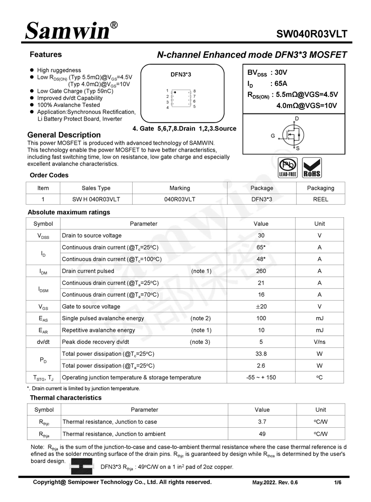 Samwin SW040R03VLT N-channel Enhanced mode DFN3*3 MOSFET