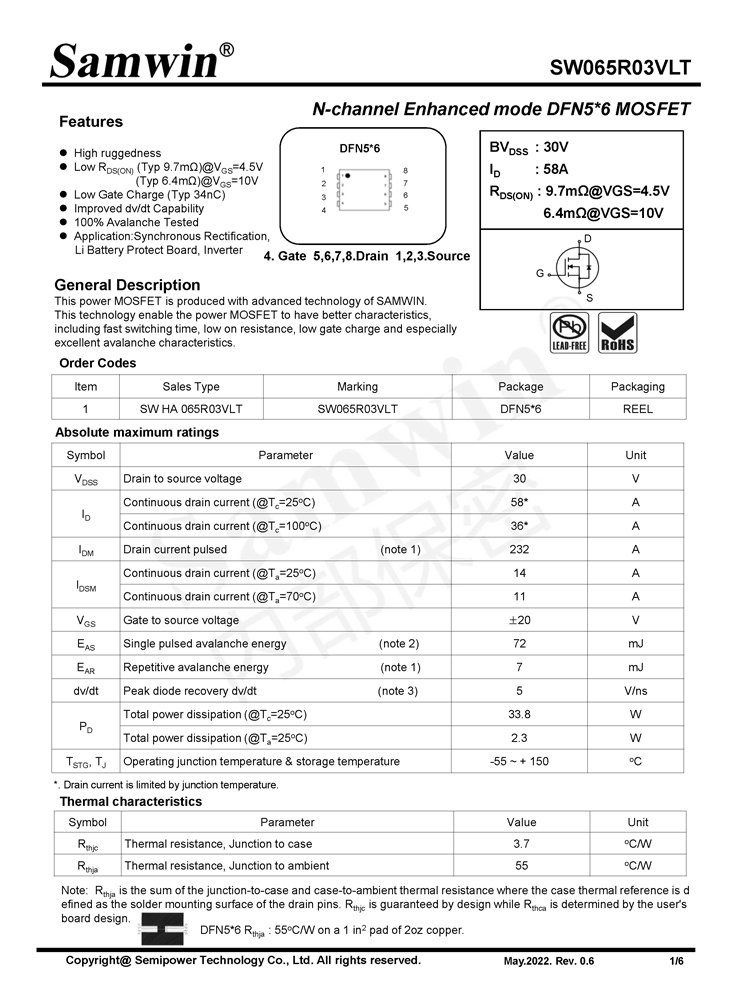 Samwin SW065R03VLT N-channel Enhanced mode DFN5*6 MOSFET