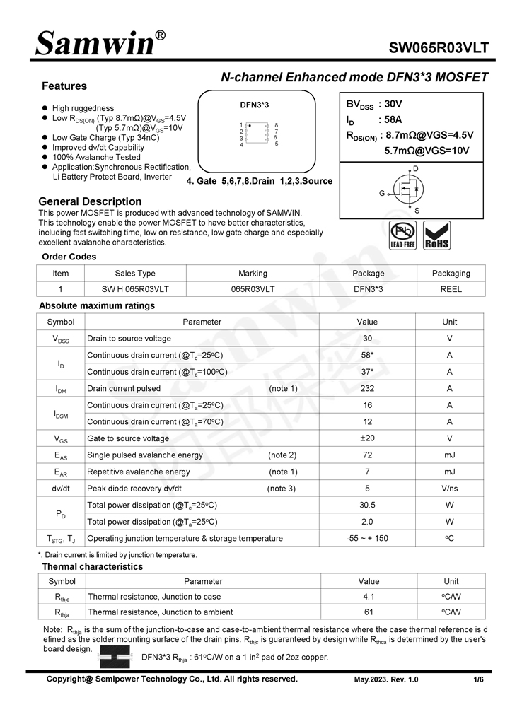 Samwin SW065R03VLT N-channel Enhanced mode DFN3*3 MOSFET