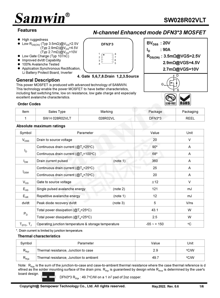 Samwin SW028R02VLT N-channel Enhanced mode DFN3*3 MOSFET