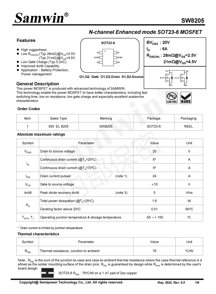 Samwin SW8205 N-channel Enhanced mode SOT23-6 MOSFET