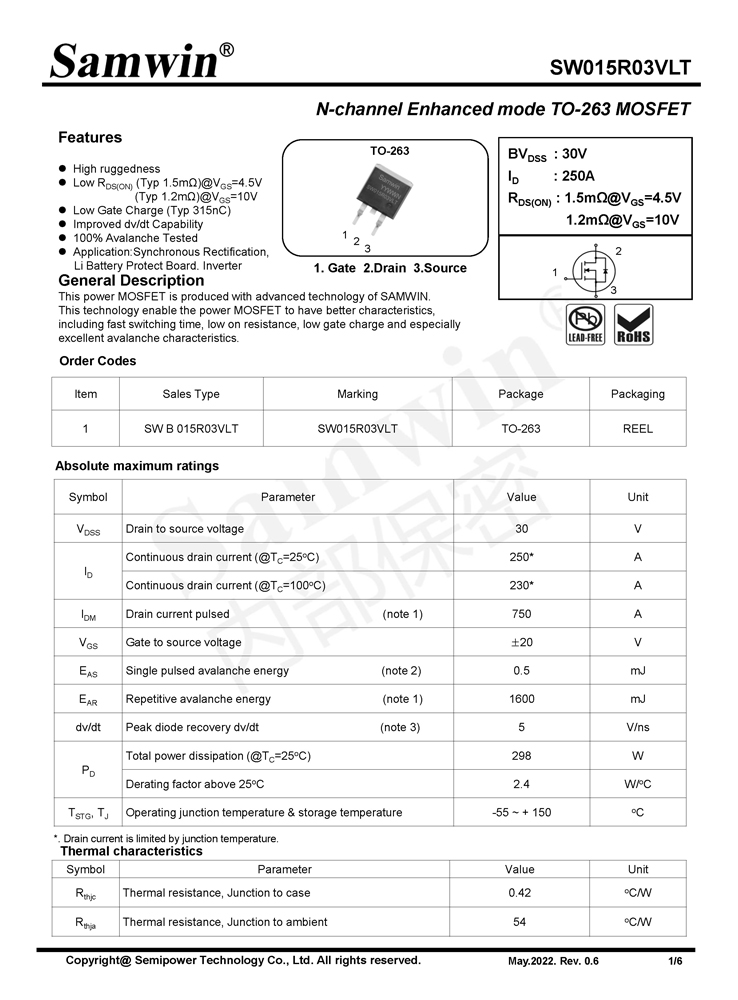 Samwin SW015R03VLT N-channel Enhanced mode TO-263 MOSFET