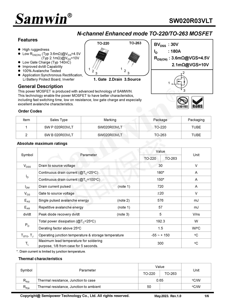 Samwin SW020R03VLT N-channel Enhanced mode TO-220/TO-263 MOSFET