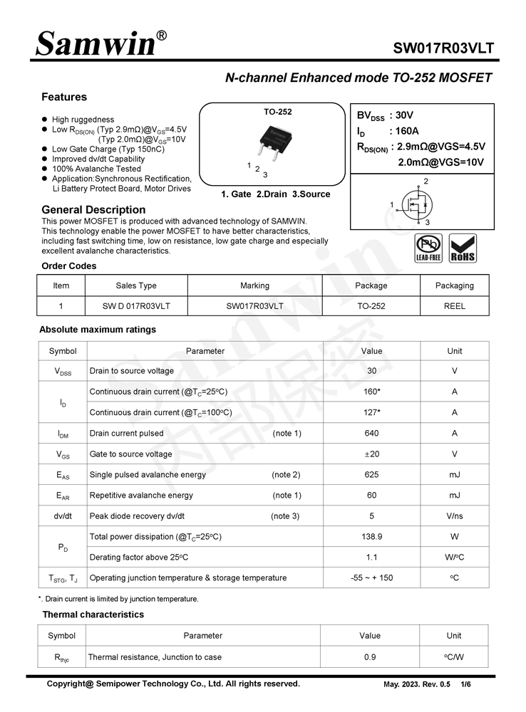 Samwin SW017R03VLT N-channel Enhanced mode TO-252 MOSFET